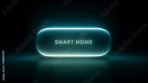 Futuristic Glowing Blue Interface Button with the Text SMART HOME Centered on a Dark Gradient Background with Light Streaks