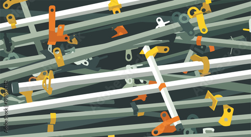 A chaotic stack of industrial steel construction scaffolding poles and connectors