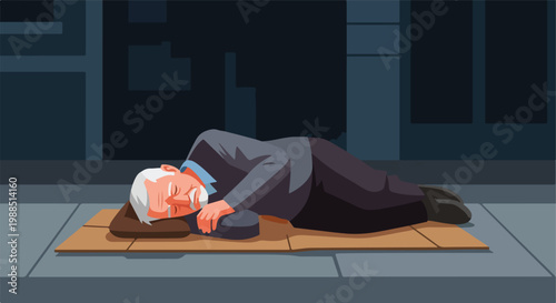 An elderly man sleeping on cardboard on a sidewalk in a dark urban environment