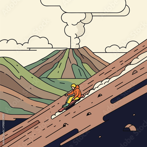A person in orange gear volcano boarding down a steep ash slope near a volcano