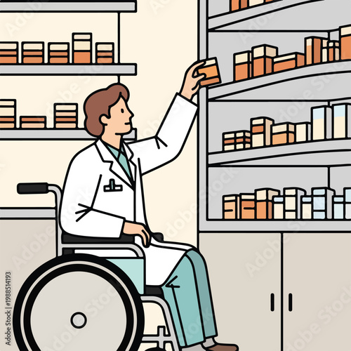 A pharmacist in a wheelchair reaches for a medication box on a pharmacy shelf