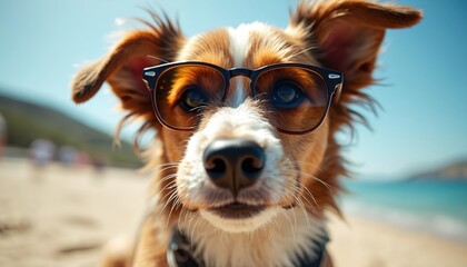 Small brown and white dog wears dark sunglasses. Canine looks at camera on sunny beach near ocean. Pet enjoys summer vacation holiday at seaside.