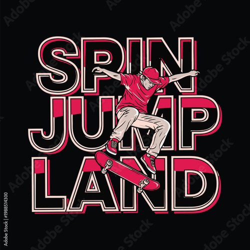 Skateboarder in midair performing tricks on a skateboard with bold typography design