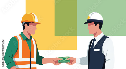 A construction worker exchanges a stack of cash with a professional engineer