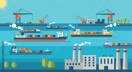 Flat illustration of industrial harbor with container ships and factory complex