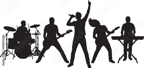 A dynamic silhouette of a rock band performing live music with instruments and a singer on stage