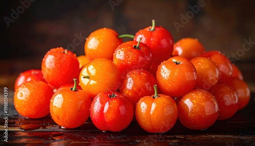 Bright orange-red acerola cherries with water droplets, showcasing vibrant freshness and healthy goodness