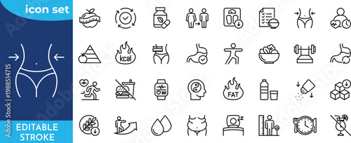 Losing Weight icon set. Editable stroke. Contain icons related to Diet, weight loss, nutrition, and more.