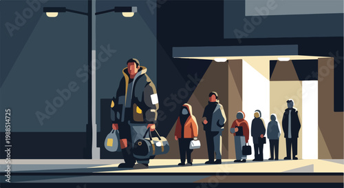 People standing in a line carrying luggage under street lights at night outdoors
