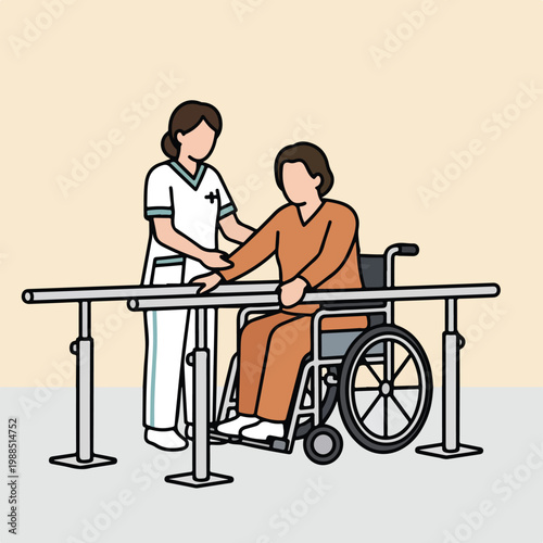 A nurse assists a person in a wheelchair between two parallel physical therapy bars