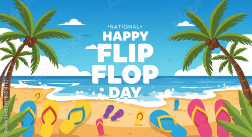 National happy flip flop day beach scene with colorful flip flops and palm trees on sandy tropical shore