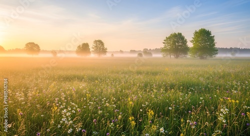 Serene landscape with misty field trees.