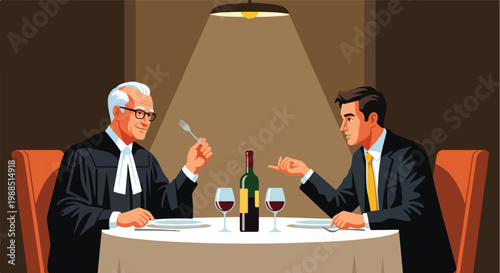 An elderly judge and a young businessman dining together under a spotlight