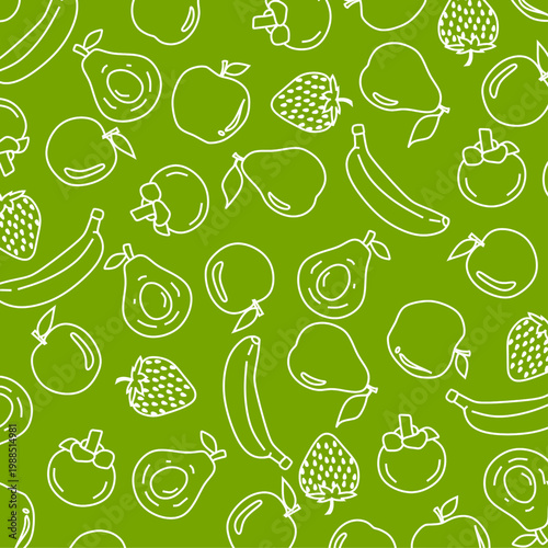 Fruits line seamless pattern. Cute Handdrawn Seamless Design. Fruits including apples, pears, bananas, strawberries, mangosteens, avocados, and oranges