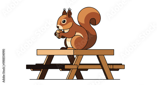 A cute brown squirrel sits on a wooden picnic table holding a small acorn snack