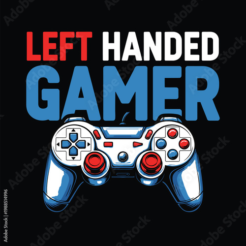 Left handed gamer holding a game controller with a black background design