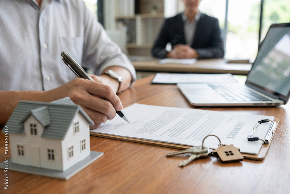 Fototapeta premium Close-up of person signing real estate agreement with house model and keys on desk, symbolizing property purchase, home ownership, contract finalization, and real estate transaction