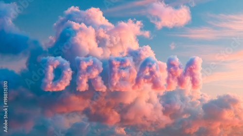 Fluffy Pink Cloud Letters Spelling the Word DREAM Floating in a Vibrant Blue and Pastel Pink Sunset Sky with Soft Textures