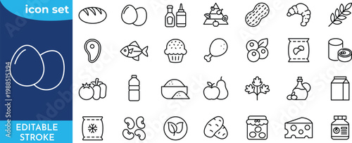 Minimalist Food Product outine icons set. editable stroke. featuring icons of various food product classification. thin linear illustration.