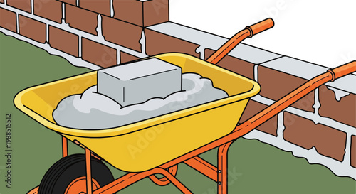 A yellow wheelbarrow filled with mortar and a brick near a brick garden wall