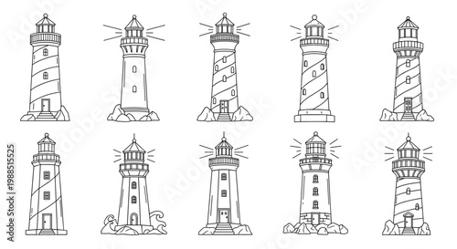 A set of minimalist lighthouse illustrations in a flat design style