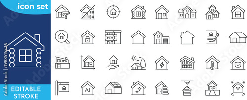 Houses line editable icon set. editable stroke. Contain icons related to home, house, building, residential, and property.
