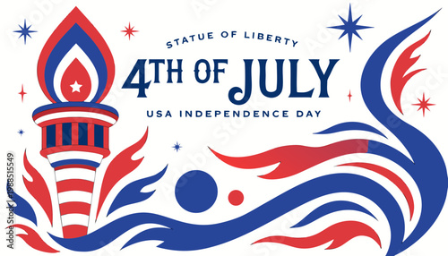 Vibrant 4th of july vector design featuring the statue of liberty torch with red white and blue flames and stars on a white background celebrating usa independence day