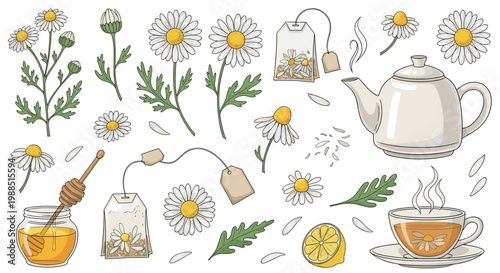 A charming illustration of tea time with flowers and honey