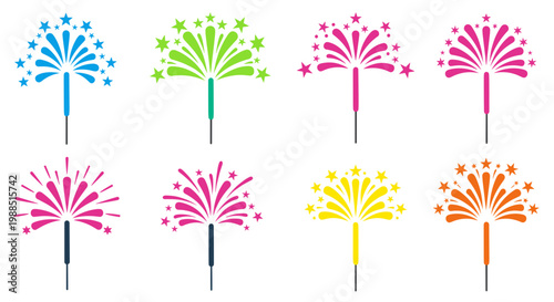 A colorful vector graphic illustration of fireworks in various vibrant colors