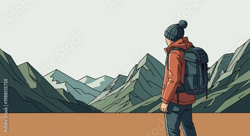 A hiker in an orange jacket with a backpack stands facing jagged mountain peaks