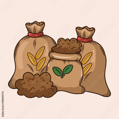 illustration of wheat in sacks and plant fertilizer in sacks, gardening, crop harvest