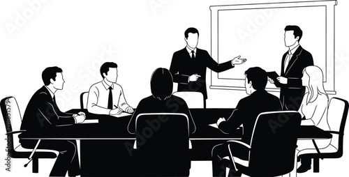 Black and white illustration of corporate business meeting and presentation