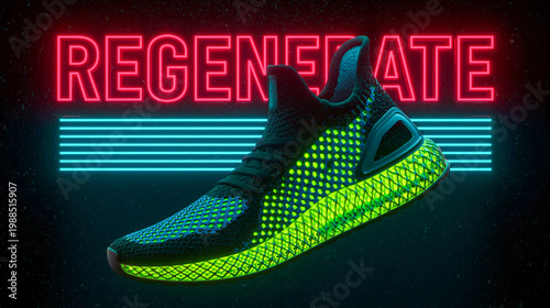 Modern Sport Sneaker with Glowing Green Details and Neon REGENERATE Sign Against a Dark Retro Futuristic Background