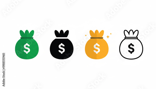 Money bag icon set with green black gold and outline styles, dollar symbol graphics for finance, savings, investment and wealth