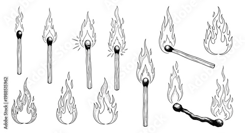 A set of matchsticks and flames in a minimalist vector graphic design