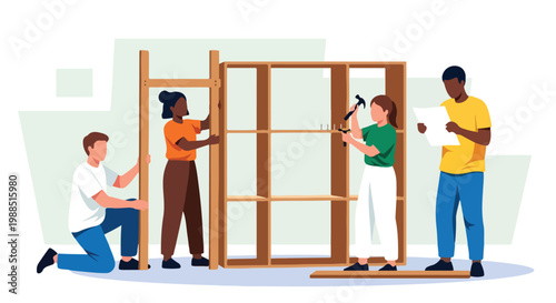 Diverse group of four people working together to assemble wooden furniture pieces