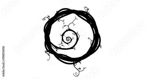 A minimalist black spiral design on a white background, resembling a circular logo or icon.