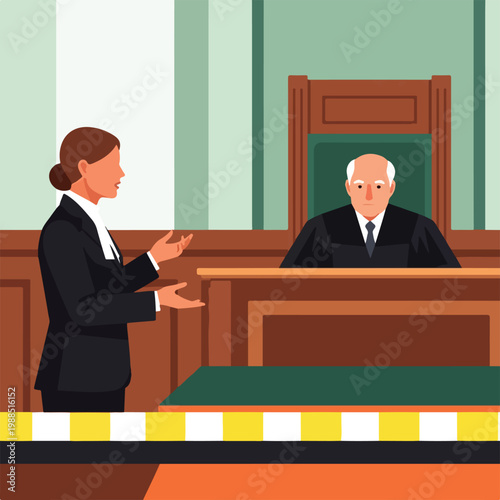 A female lawyer in a courtroom stands before a judge sitting at a wooden bench