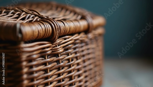 Wicker basket with lid features woven texture. This rustic container can hold food or serve as decor. Classic British hamper style suits gift or picnic.