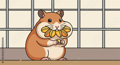 A cute brown hamster stuffing its large cheeks with yellow sunflower seeds