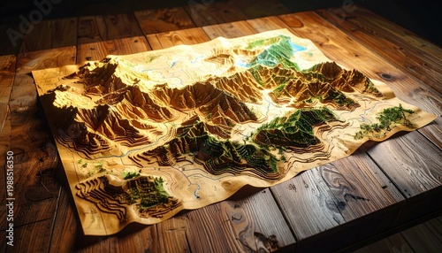 Detailed Wooden Topographical Map Displaying Mountainous Terrain with Rivers and Forests on a Rustic Table Surface