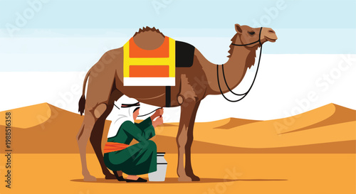 A man in traditional desert attire milks a camel under the bright desert sun