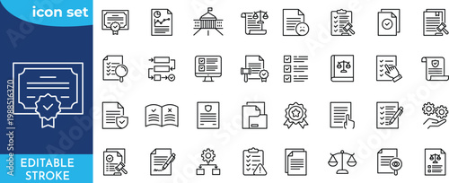 Compliance line editable icon set. Editable stroke. Contain icons related to compliance, regulatory, governance, corporate, transparency, regulations and more.