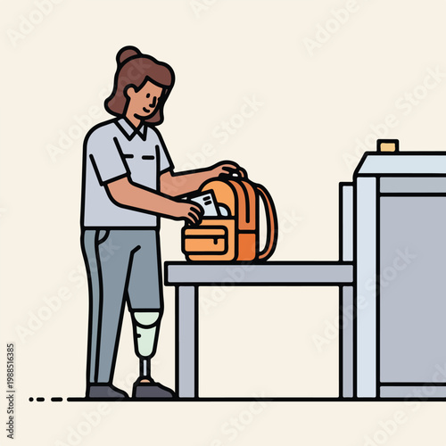 A person with a prosthetic leg places a backpack onto an airport security scanner