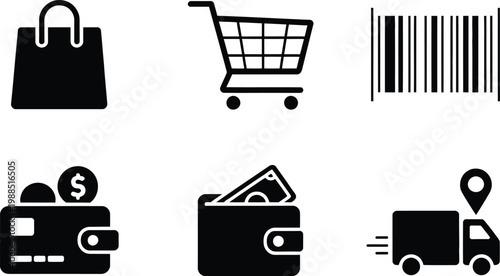 Icons representing key aspects of online shopping and transactions, including payment, cart, delivery, and digital commerce concepts in modern vector illustration design.