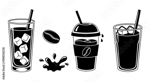 A minimalist vector graphic illustration of cold coffee drinks and ice cubes
