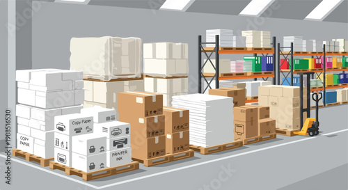 Warehouse interior featuring stacked cardboard boxes and pallets of office supplies