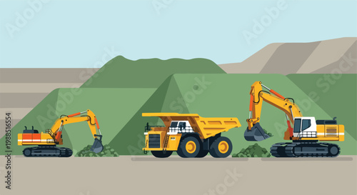 Two yellow excavators and a dump truck working at a large open-pit mine site