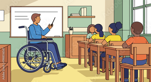 A teacher in a wheelchair pointing at a whiteboard in a classroom of students