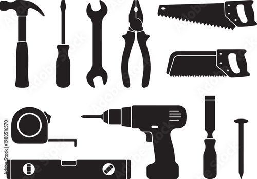 Collection of black silhouette construction and repair tools isolated on a transparent background